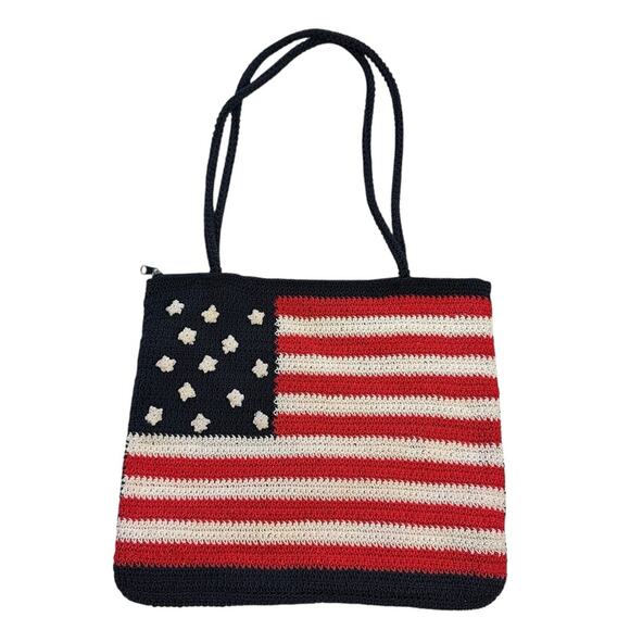 Patriotic Knit Tote Bag - Red, White, Blue 13 Star American Flag Crochet Bag - Picture 7 of 12
